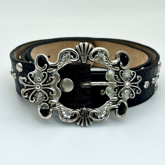 Vintage Leatherock Belt XL Black Leather Rhinestone Studded Western Buckle Y2K main image 11